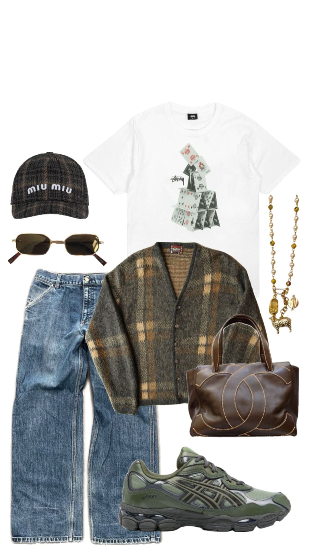 Flatlay streetwear avec t-shirt Stüssy, sneakers Asics et accessoires lifestyle Miu Miu