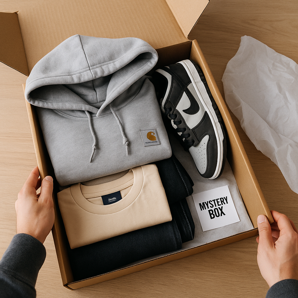 Préparation artisanale d’une mystery box streetwear avec vêtements pliés, sneakers et papier de soie