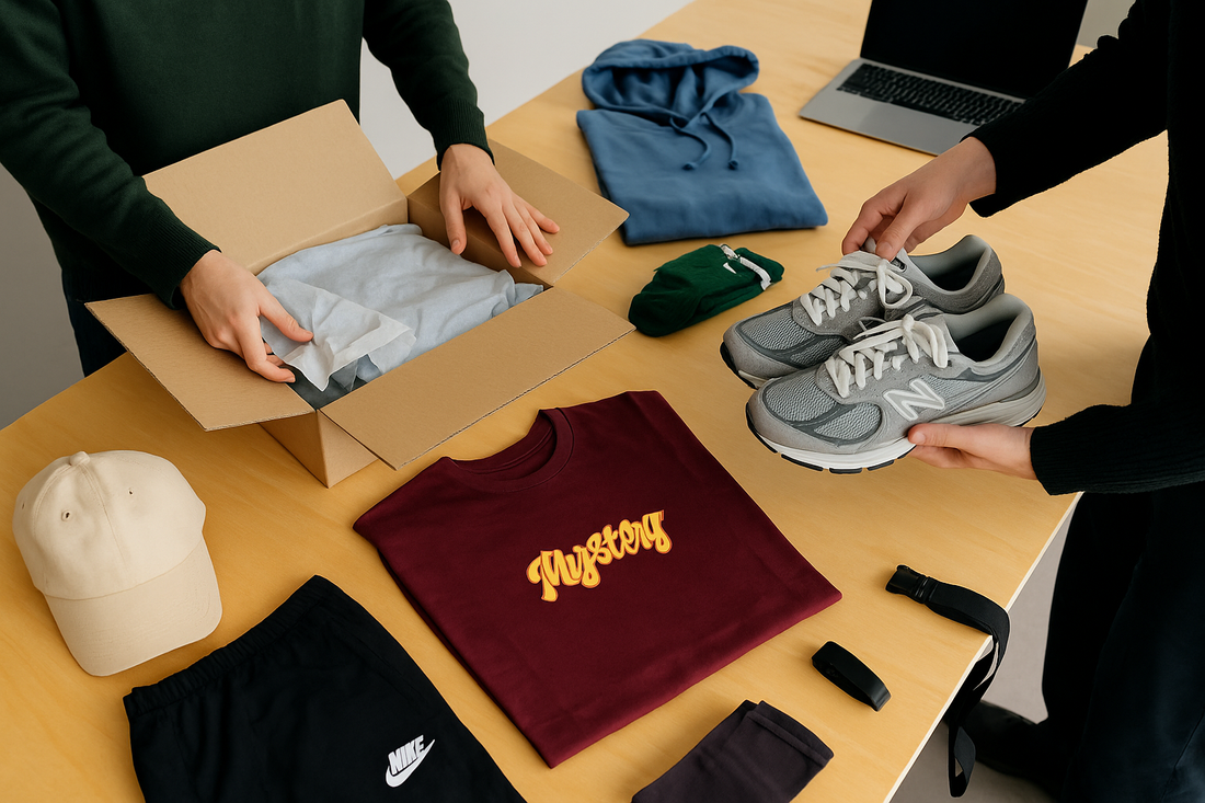 Deux personnes en train de composer une Mystery Box avec vêtements streetwear, sneakers et accessoires sur une table de préparation