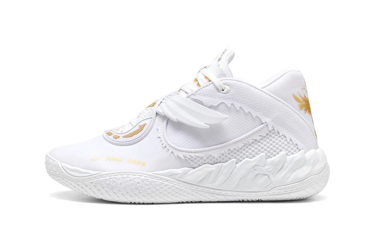 PUMA MB.05 “Mist”, sneaker LaMelo Ball en mesh blanc avec accents dorés et semelle NITROFOAM
