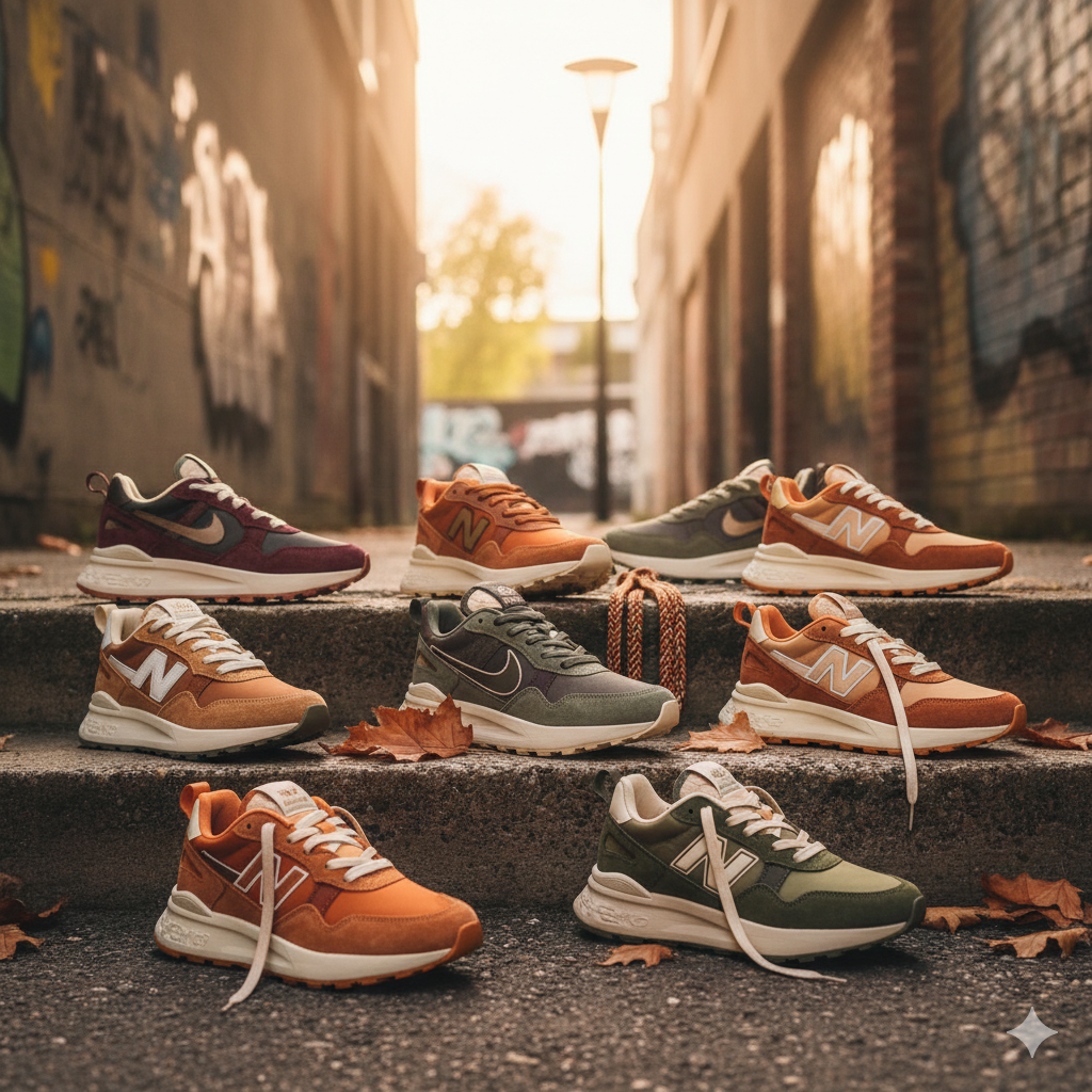 Collection de sneakers Nike, Adidas, New Balance et Asics automne-hiver 2025 — ambiance urbaine et streetwear tendance.