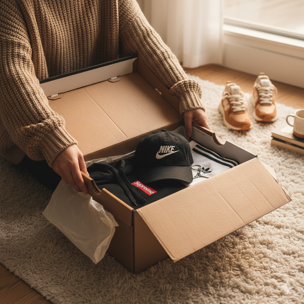 Personne ouvrant une box mystère mode contenant hoodies, casquettes et t-shirts streetwear — ambiance cozy unboxing.