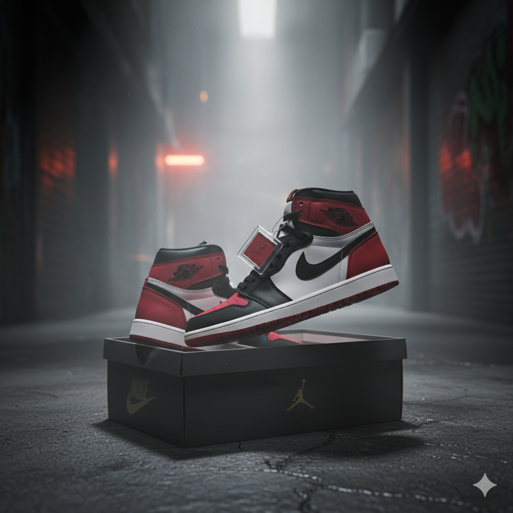 Sneaker Nike ou Jordan sortant d’une box mystère — visuel urbain et mystérieux, style premium.