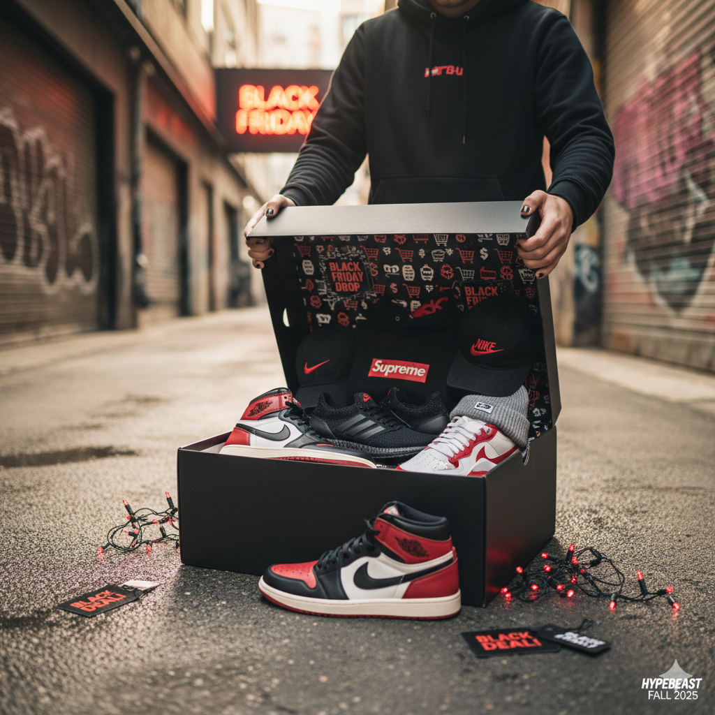 Box mystère ouverte avec sneakers Nike, Jordan, Adidas et streetwear pour le Black Friday 2025 — visuel urbain et premium.