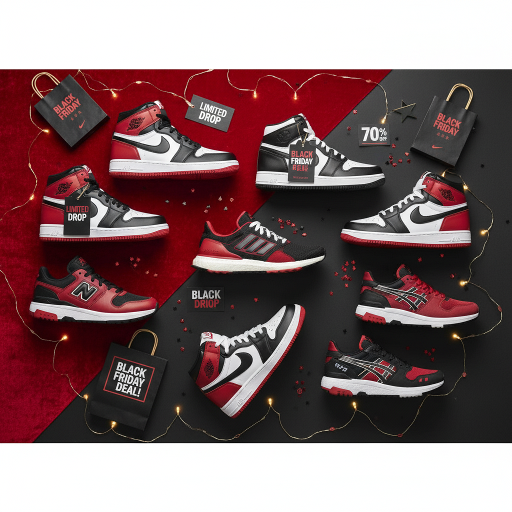 Top 10 sneakers édition limitée Black Friday 2025 : Nike, Adidas, Jordan, New Balance et Asics — flat lay ou lifestyle avec ambiance festive.
