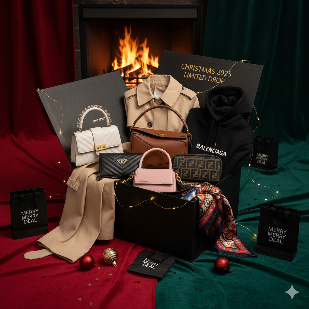 Box mystère luxe Noël 2025 avec Gucci, Prada, Fendi, Miu Miu, Balenciaga, Louis Vuitton et Jacquemus — ambiance festive et premium.