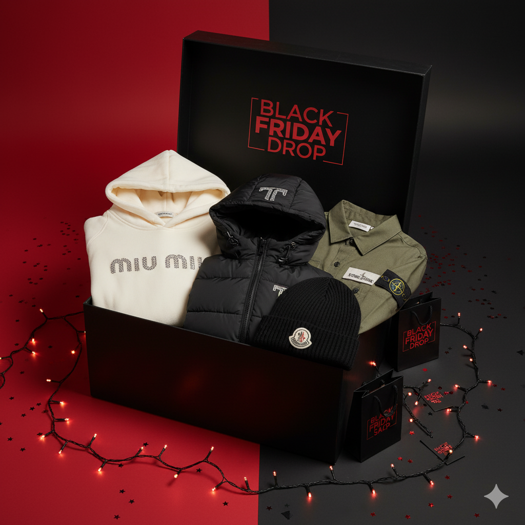 Box mystère vêtements Black Friday 2025 avec pièces de Miu Miu, Trapstar, Stone Island, Gucci et Moncler — ambiance festive et premium.