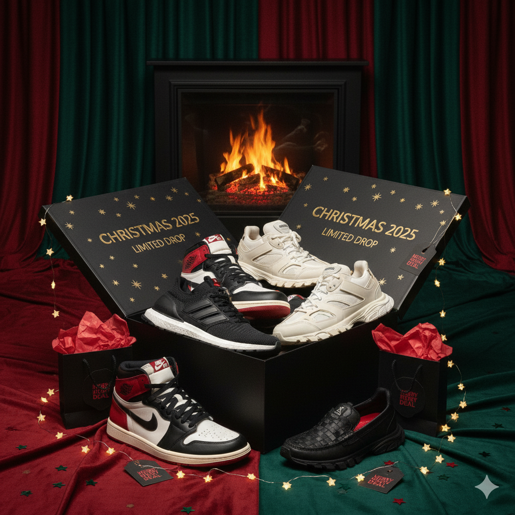 Box mystère sneakers Noël 2025 avec Nike, Adidas, Jordan, Salomon, Asics, Bottega Veneta, Dior et Balenciaga — ambiance festive et premium.