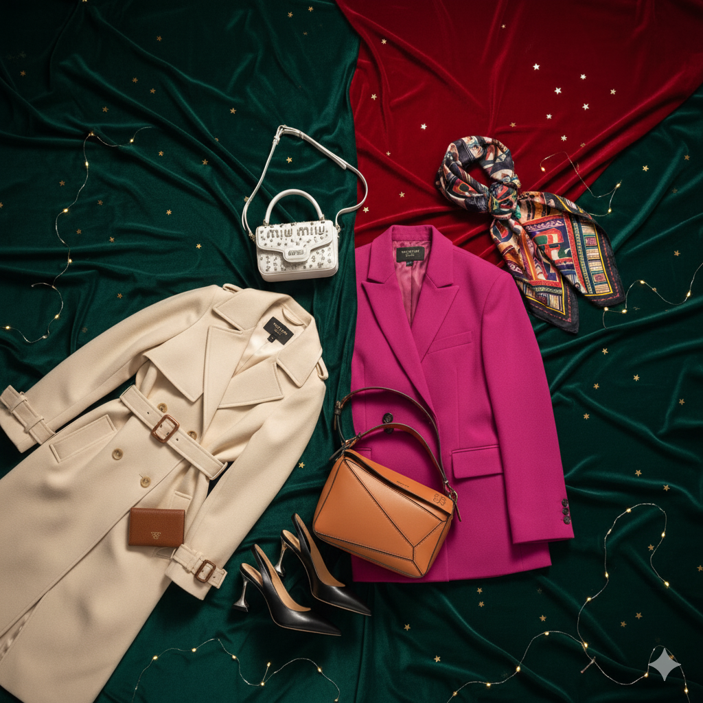Cadeaux de Noël 2025 pour elle : sacs Miu Miu, chaussures Prada, maroquinerie Loewe, pièces Jacquemus, créations Maison Kébé, vêtements Le Soulor 1925 — ambiance festive et élégante.