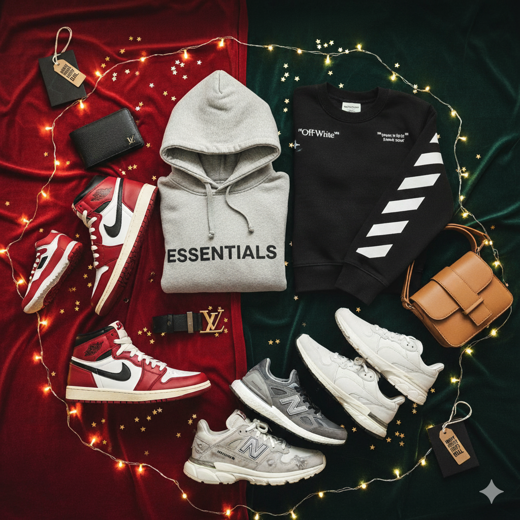 Cadeaux de Noël 2025 pour lui : sneakers Nike, Adidas, New Balance, Puma, hoodies Fear of God, Off-White, Balenciaga, accessoires Louis Vuitton et Jacquemus — ambiance festive et premium.