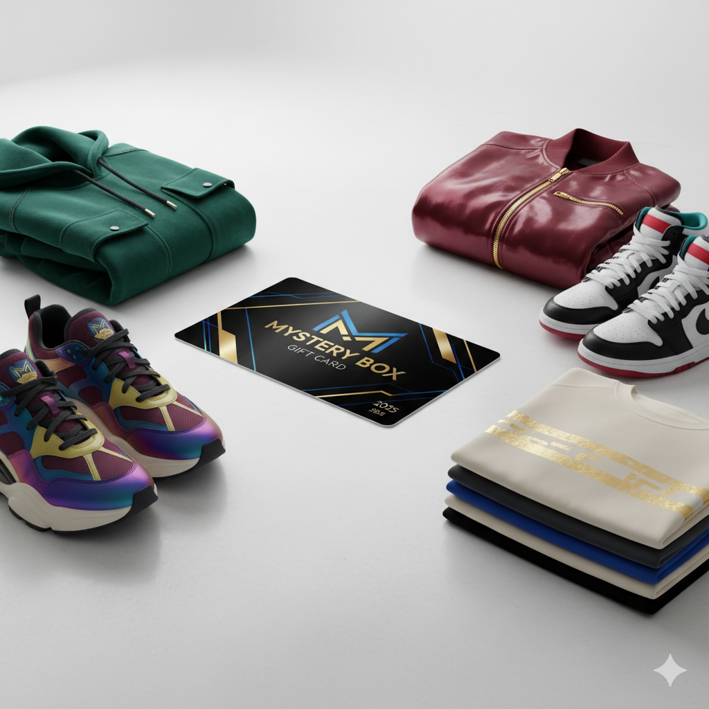 Carte cadeau Mystery Box avec sneakers et vêtements streetwear, idée cadeau originale pour Noël 2025