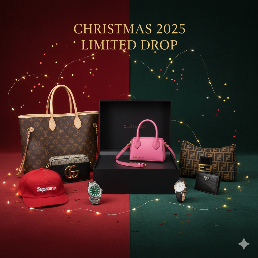 Idées cadeaux accessoires Noël 2025 : sacs, ceintures, casquettes et montres Louis Vuitton, Jacquemus, Gucci, Fendi et Prada — ambiance festive et premium.