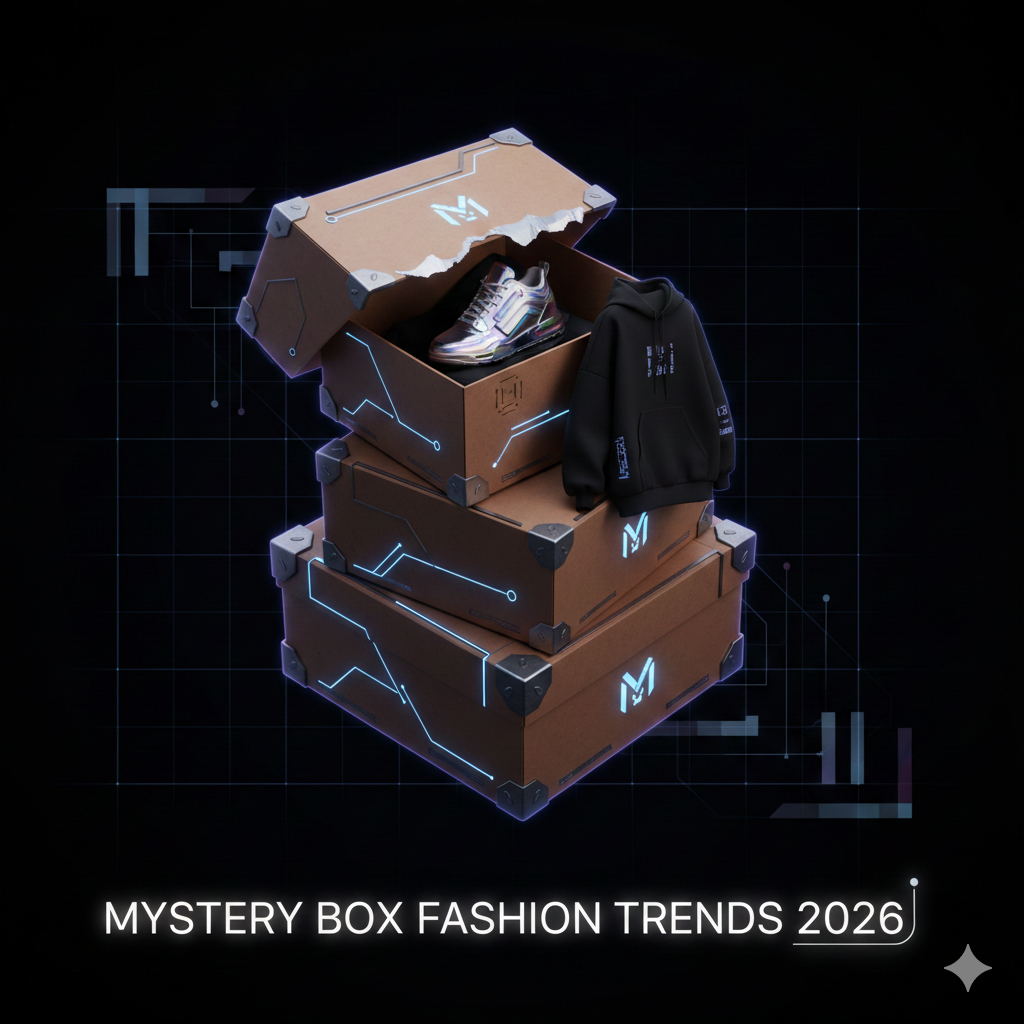 Illustration des tendances mode 2026 : une stack de Mystery Box de MysteryBoxShop contenant des vêtements et des sneakers hype.