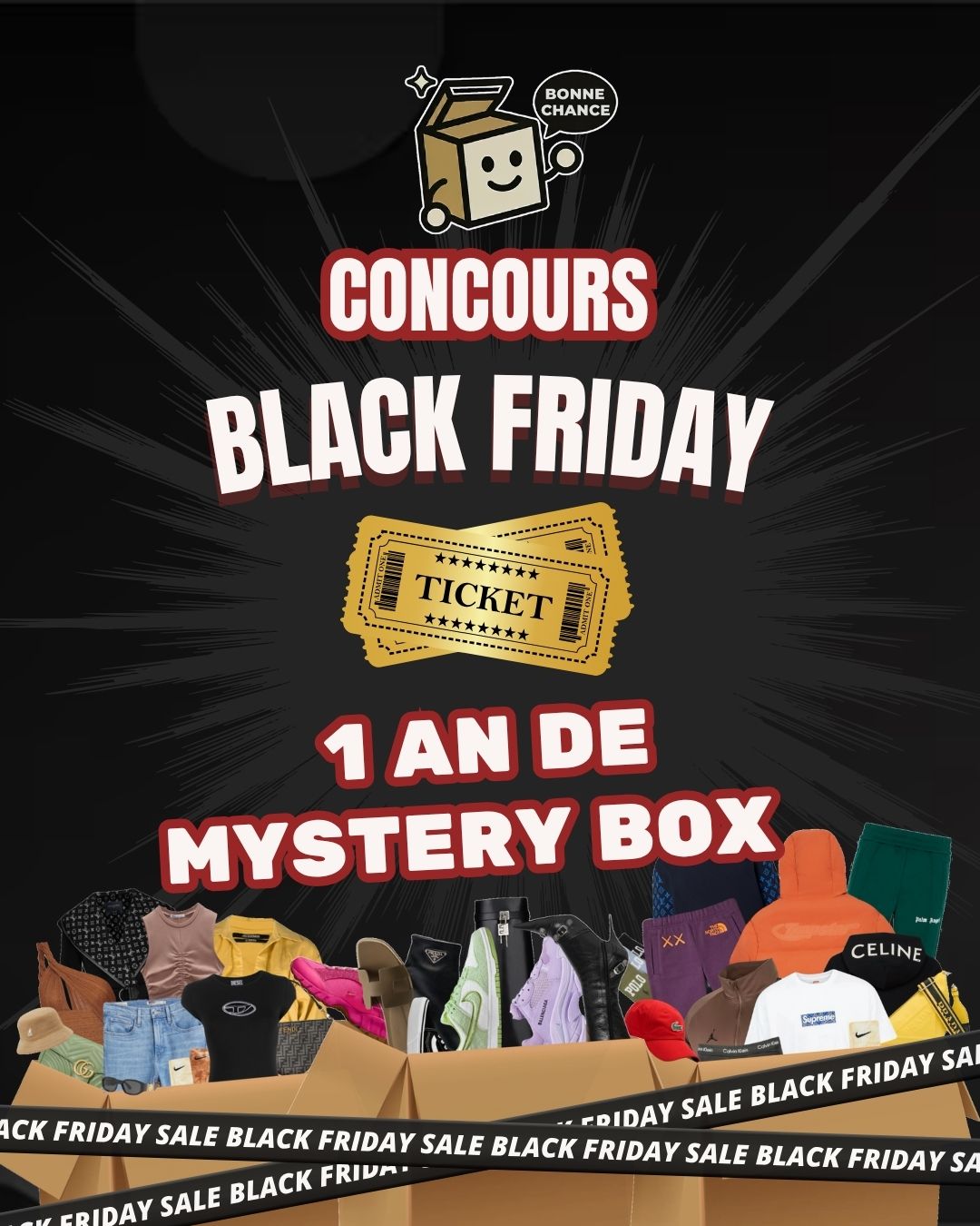 Visuel promotionnel du Concours Black Friday Mystery Box, avec un ticket d'or en surbrillance et le texte "Gagnez 1 an de Mystery Box" pour le tirage au sort exclusif.