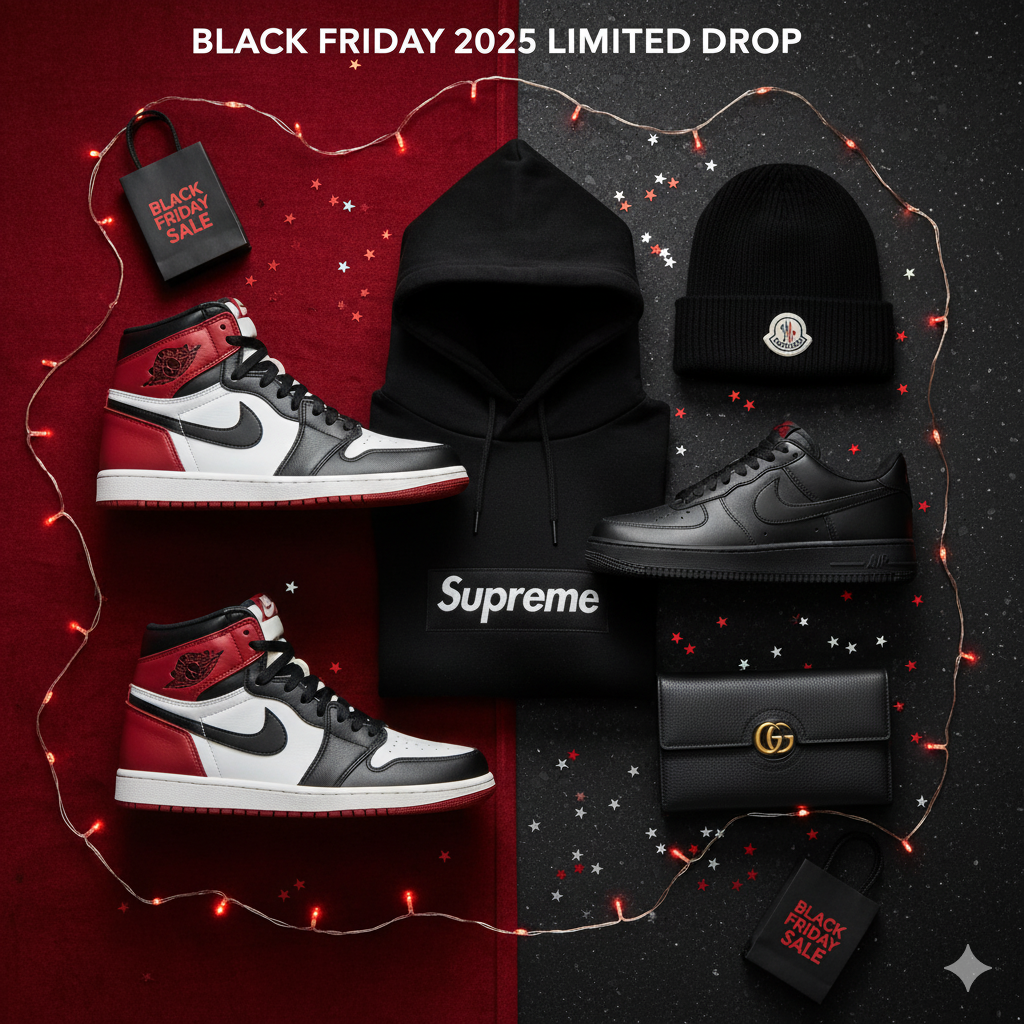 Top 5 cadeaux Black Friday 2025 : sneakers Nike, Jordan, hoodies Supreme et pièces luxe Gucci et Moncler — flat lay ou lifestyle.