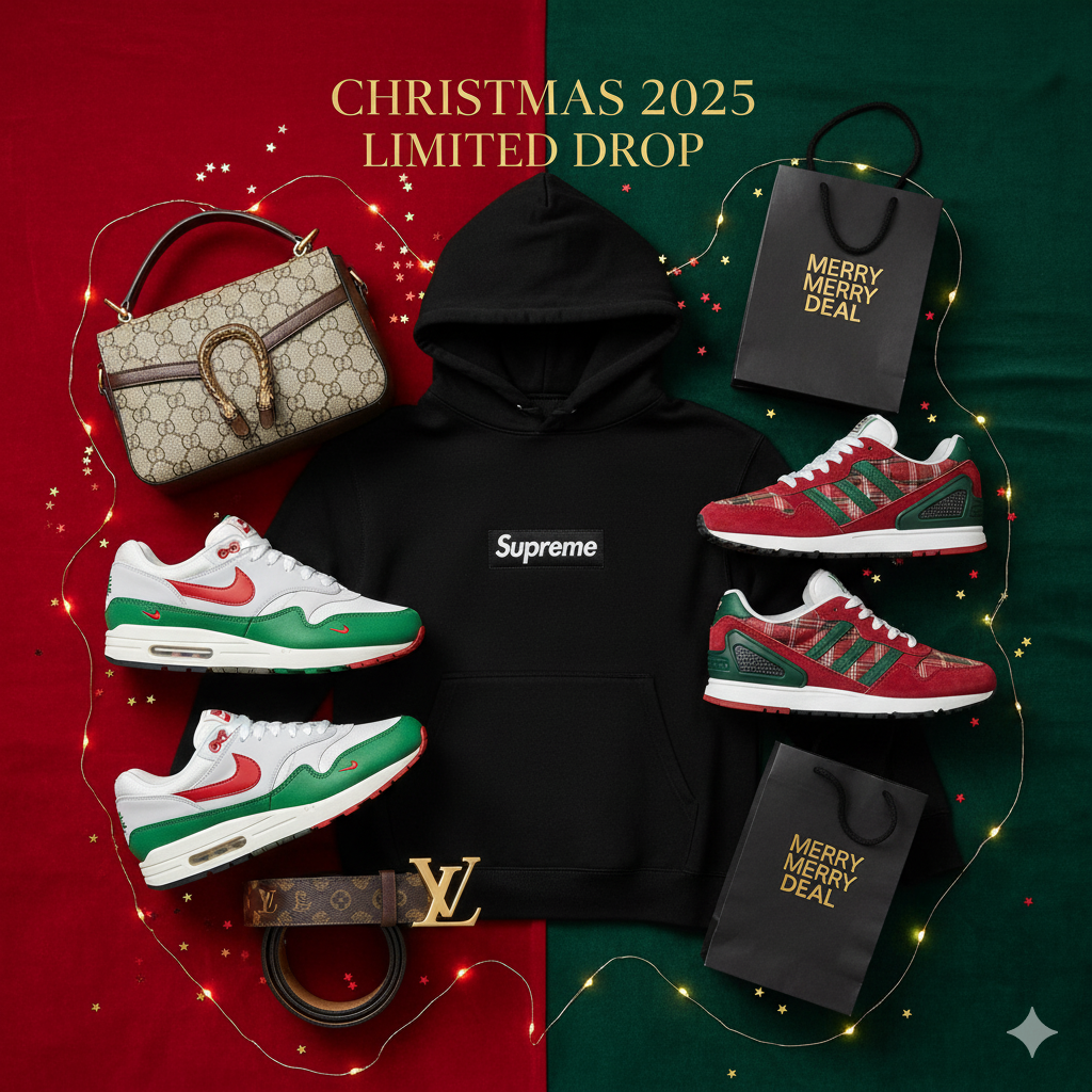 Cadeaux mixtes Noël 2025 : sneakers Nike et Adidas, hoodies Supreme et Balenciaga, accessoires Gucci et Louis Vuitton — ambiance festive et élégante.
