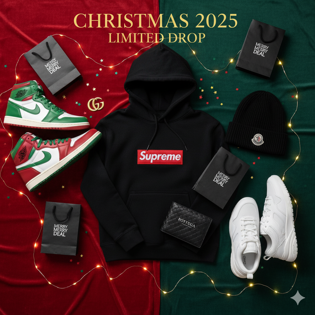 Top 5 cadeaux Noël 2025 : sneakers Nike, Jordan, hoodies Supreme et pièces luxe Gucci et Moncler — flat lay ou lifestyle.