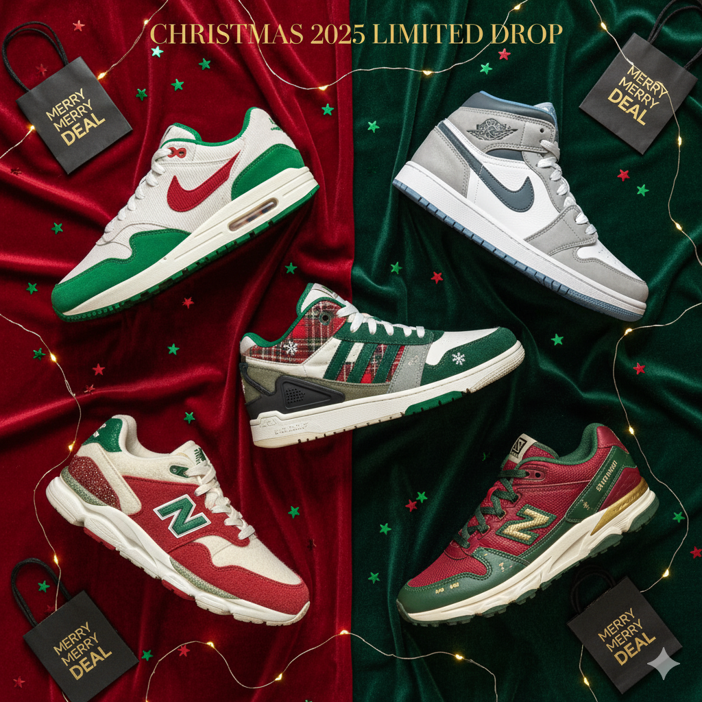 Top 5 cadeaux sneakers Noël 2025 : Nike, Jordan, Adidas, New Balance et Salomon — ambiance festive et premium.