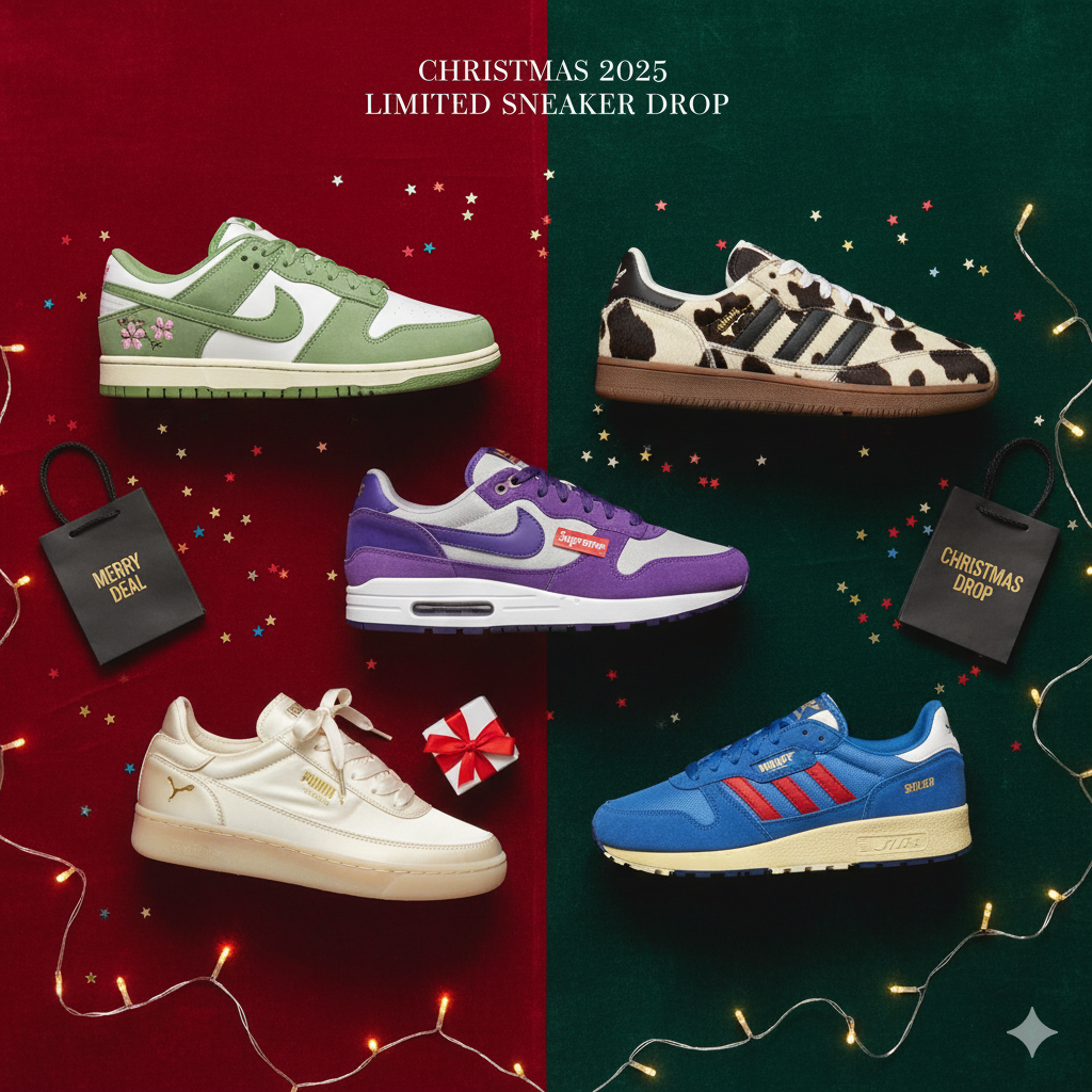 Top 5 sneakers édition limitée Noël 2025 : Nike SB Dunk Low Yuto Horigome Matcha, Adidas Samba OG Cow Print, Nike Air Max 1 '87 SP Supreme Varsity Purple, Puma Speedcat Ballet, Adidas SL-72 — ambiance festive et premium.