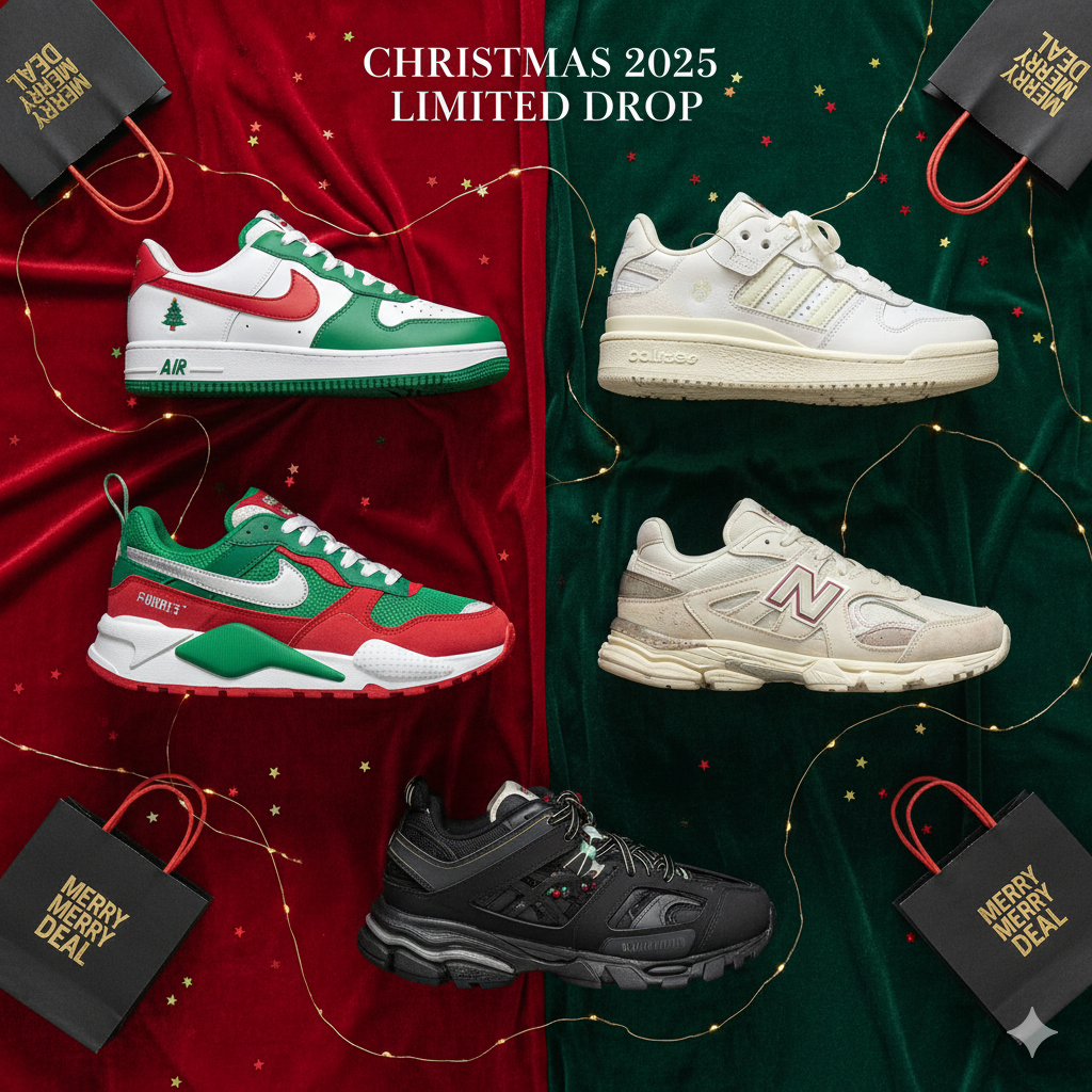 Top 5 sneakers mixtes Noël 2025 : Nike, Adidas, Puma, New Balance, Balenciaga — ambiance festive et premium.