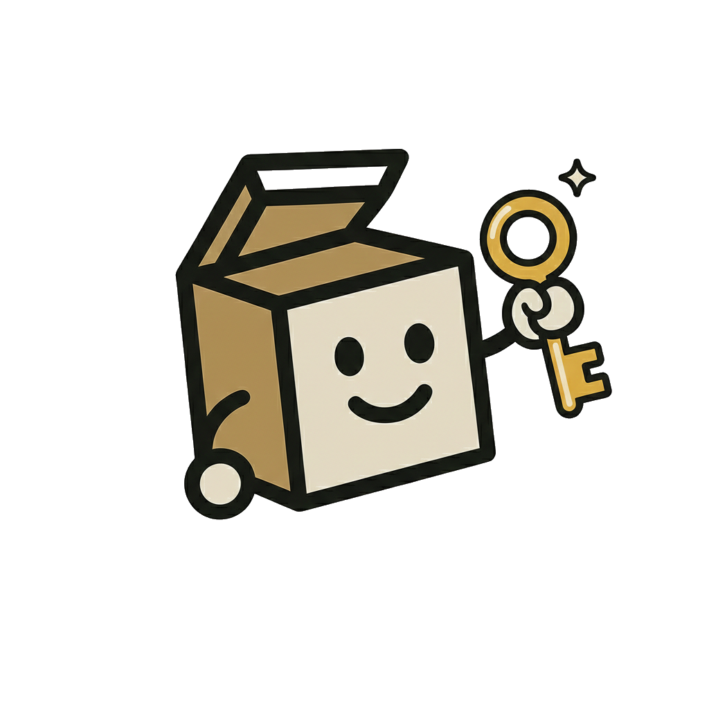 Mascotte boîte souriante tenant une clé dorée symbolisant l'authenticité garantie. MysteryBoxShop