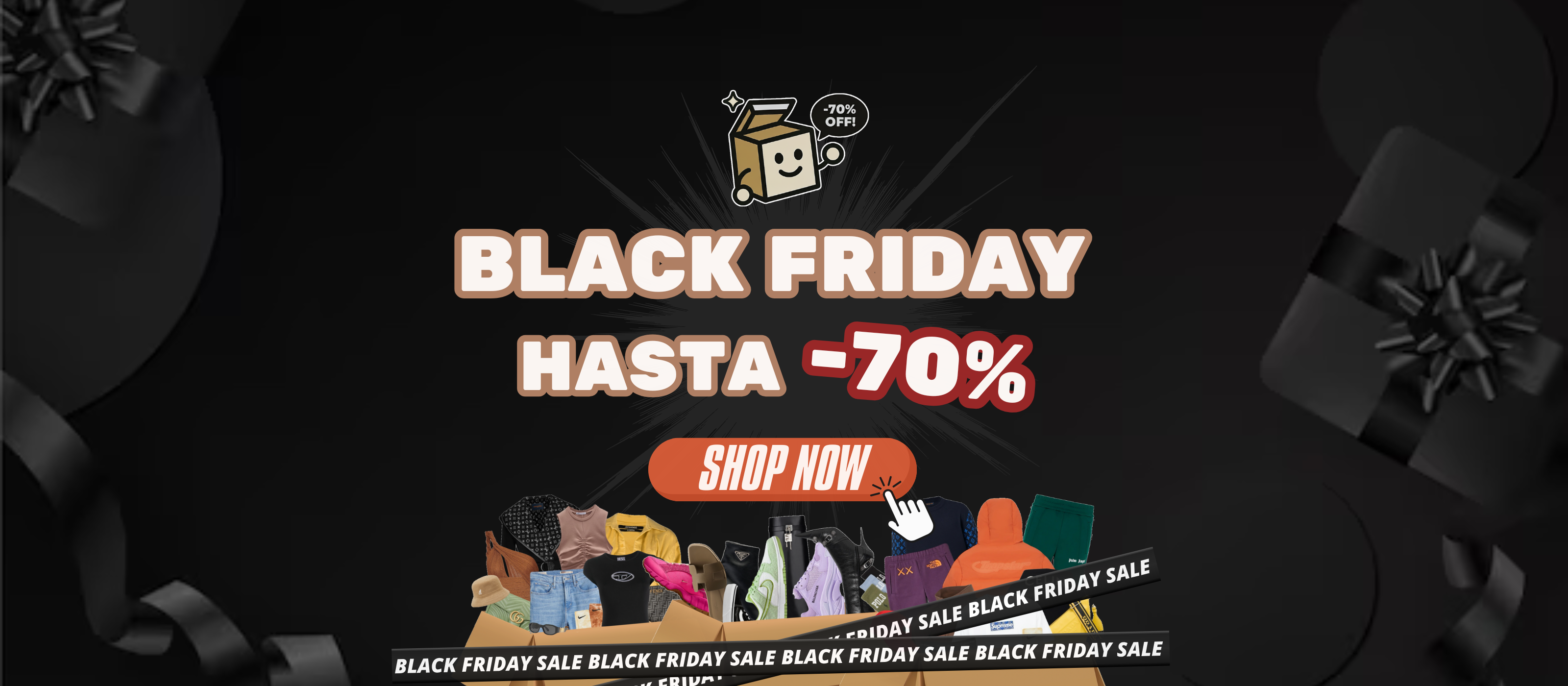 Banner Hero de Black Friday con la Mascota Caja promocionando la Caja Misteriosa de Sneakers y Ropa con hasta un -70% de descuento.