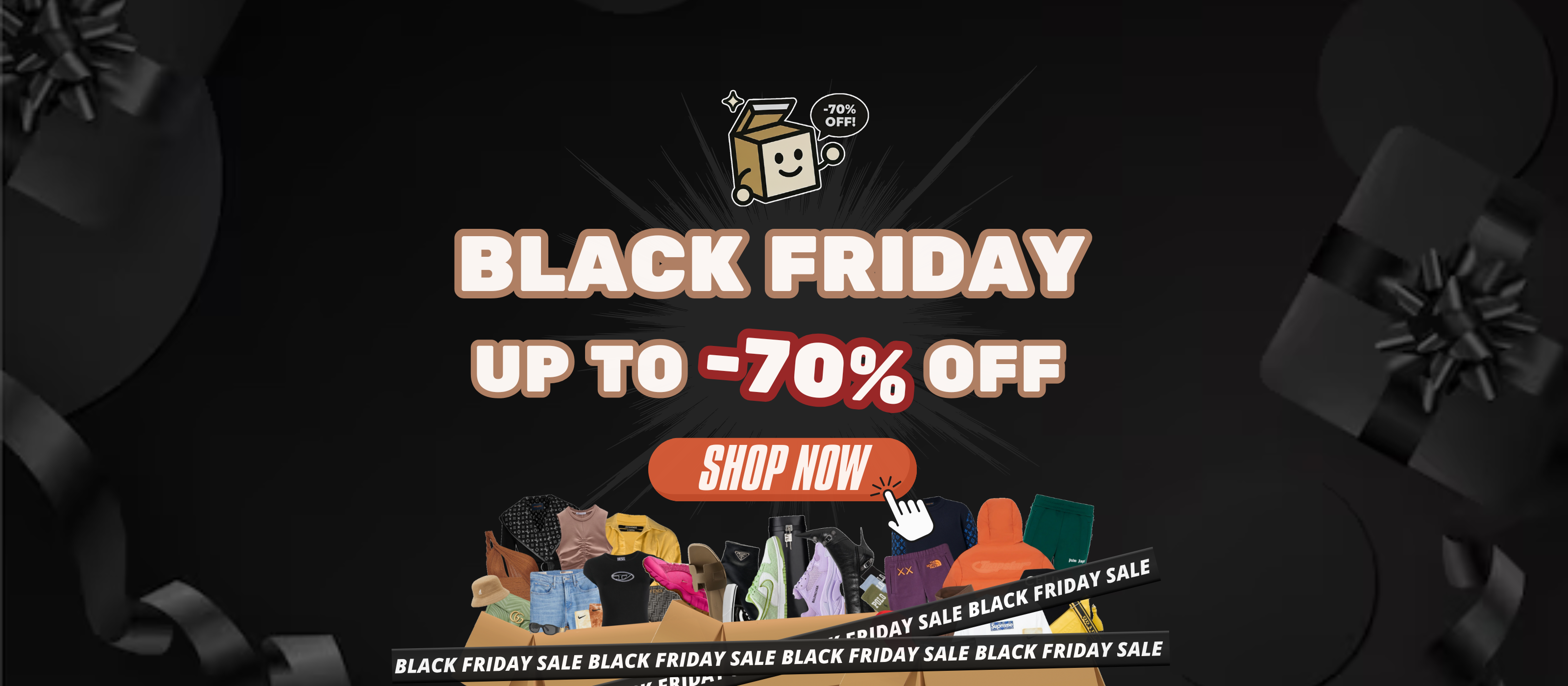 Black Friday Hero Banner featuring the Box Mascot promoting Mystery Box for Sneakers and Clothing with up to -70% off.