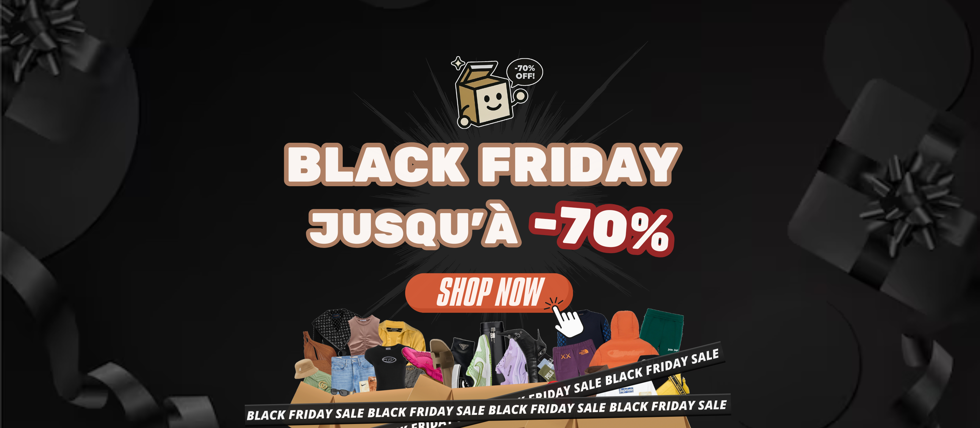 Bannière Hero Black Friday avec la mascotte Box annonçant les offres sur la Mystery Box de vêtements et sneakers, avec des réductions allant jusqu'à -70%.