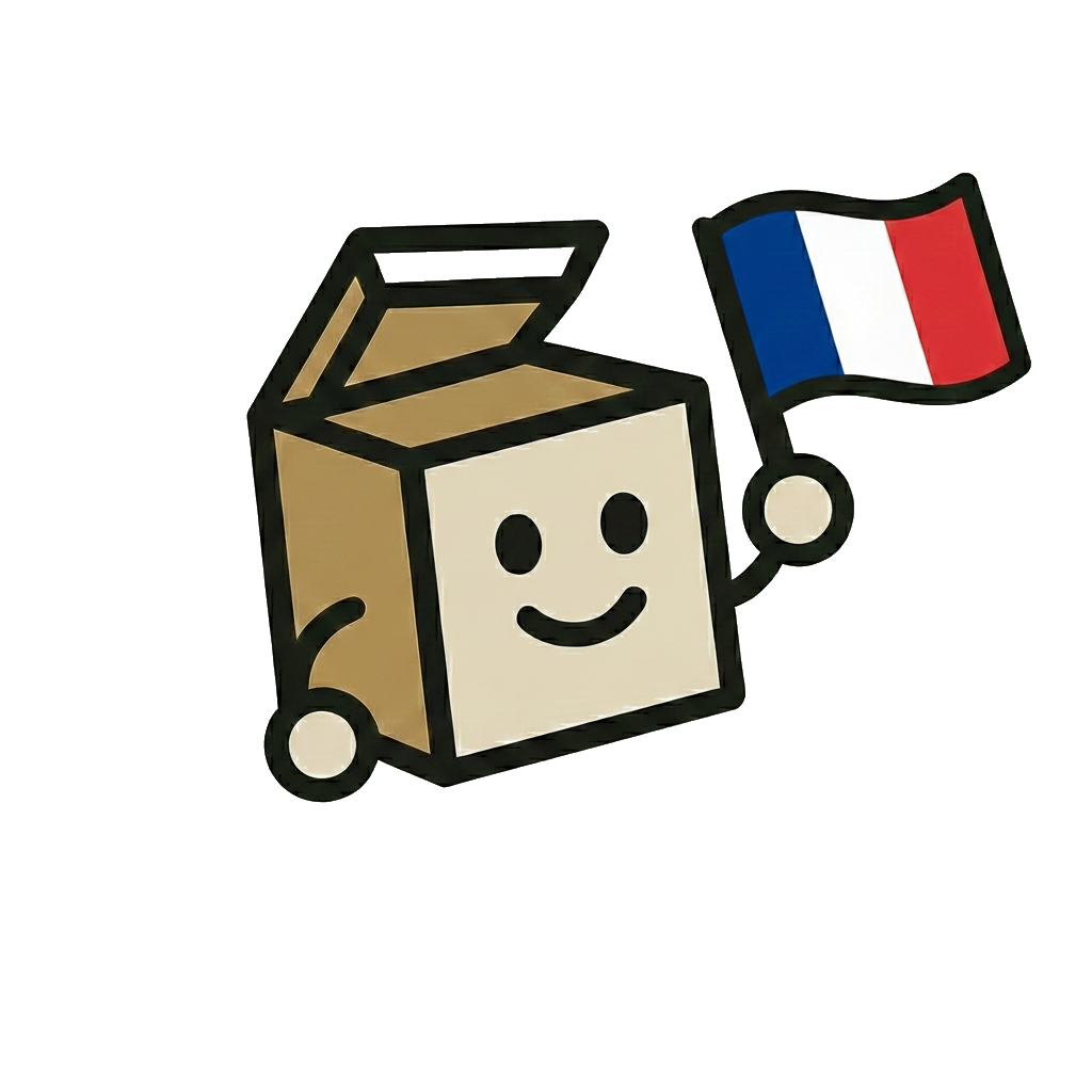 Personnage boîte brandissant un drapeau français, représentant une marque locale. MysteryBoxShop