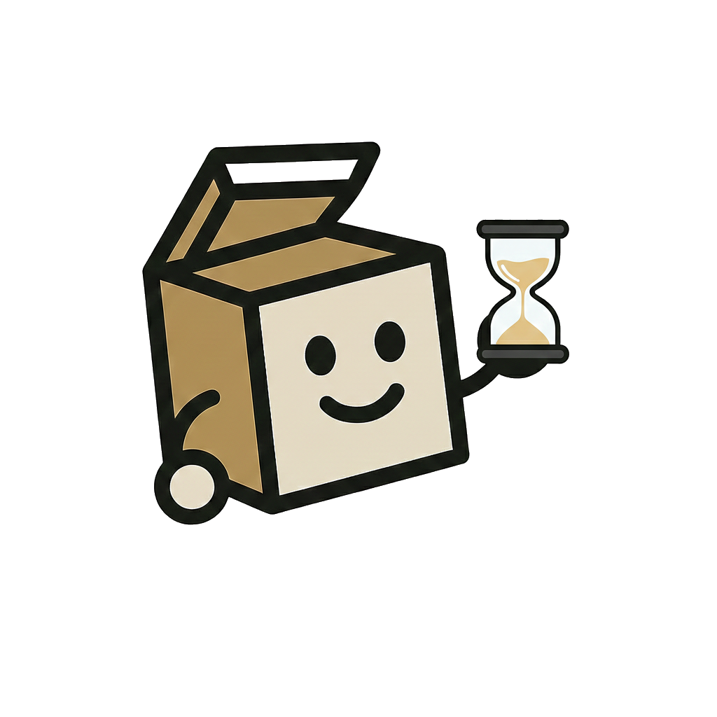 Mascotte boîte tenant un sablier pour illustrer un service rapide et économique. MysteryBoxShop