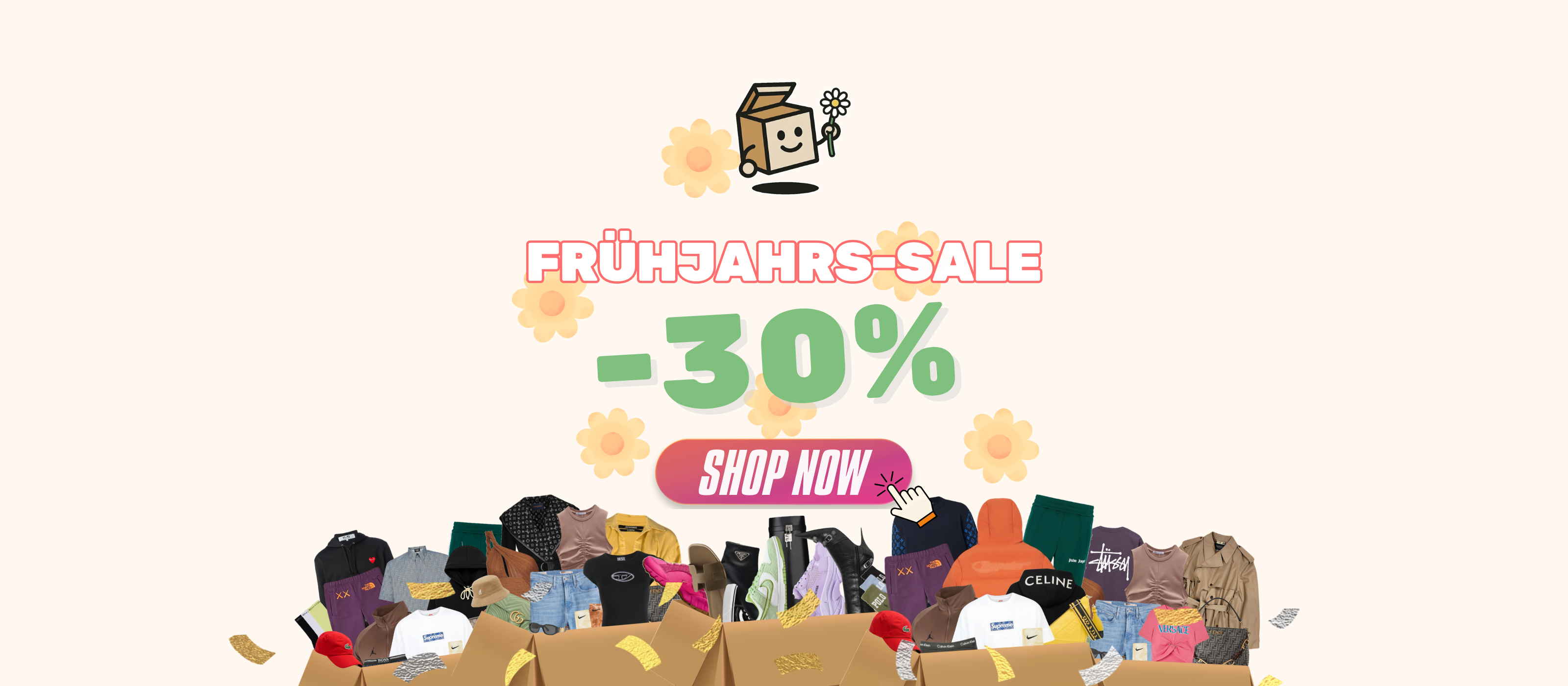 Frühjahrs-Sale Banner – 30% Rabatt auf Mystery Bags Sneakers und Mode bei mysterybox-shop
