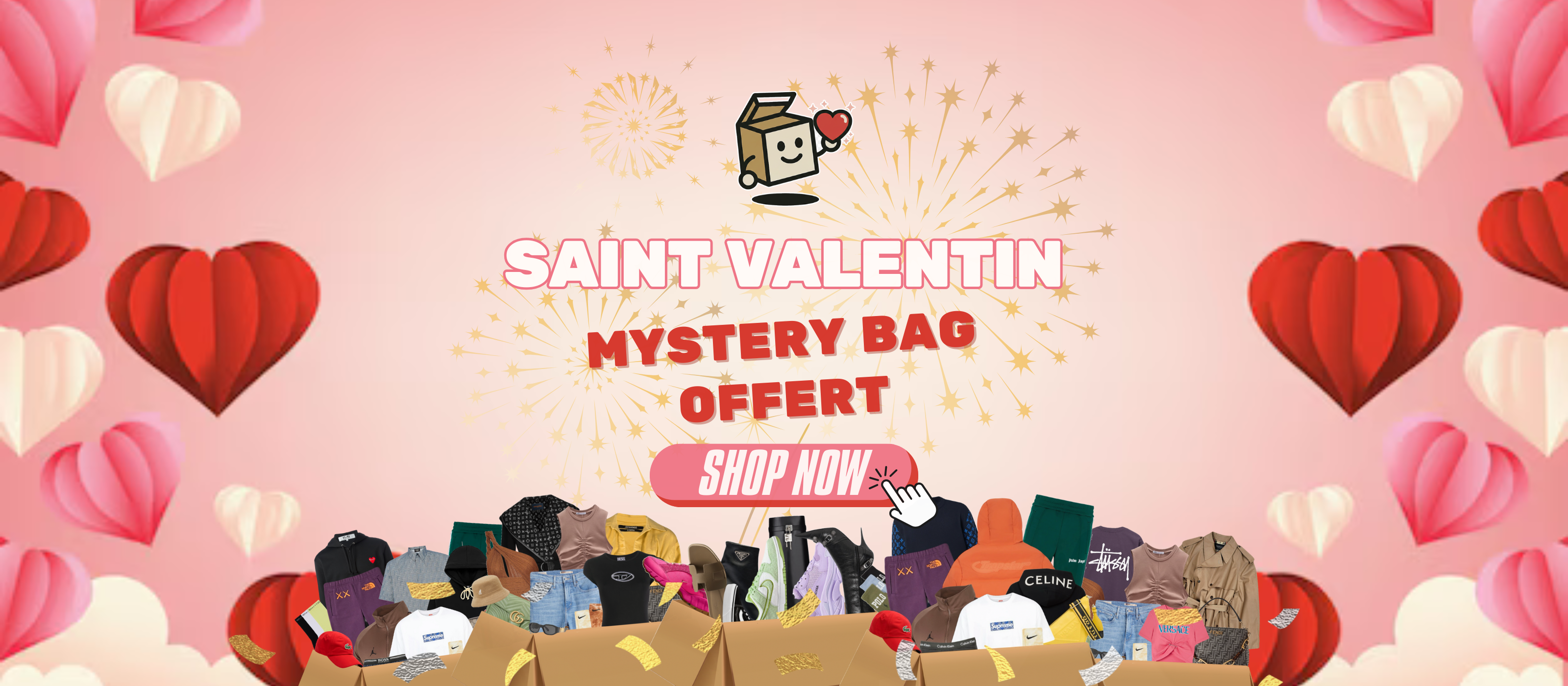 Bannière Saint-Valentin Mystery Box Shop : Mystery Bag offert, décor de cœurs roses et rouges avec sélection de vêtements de luxe.