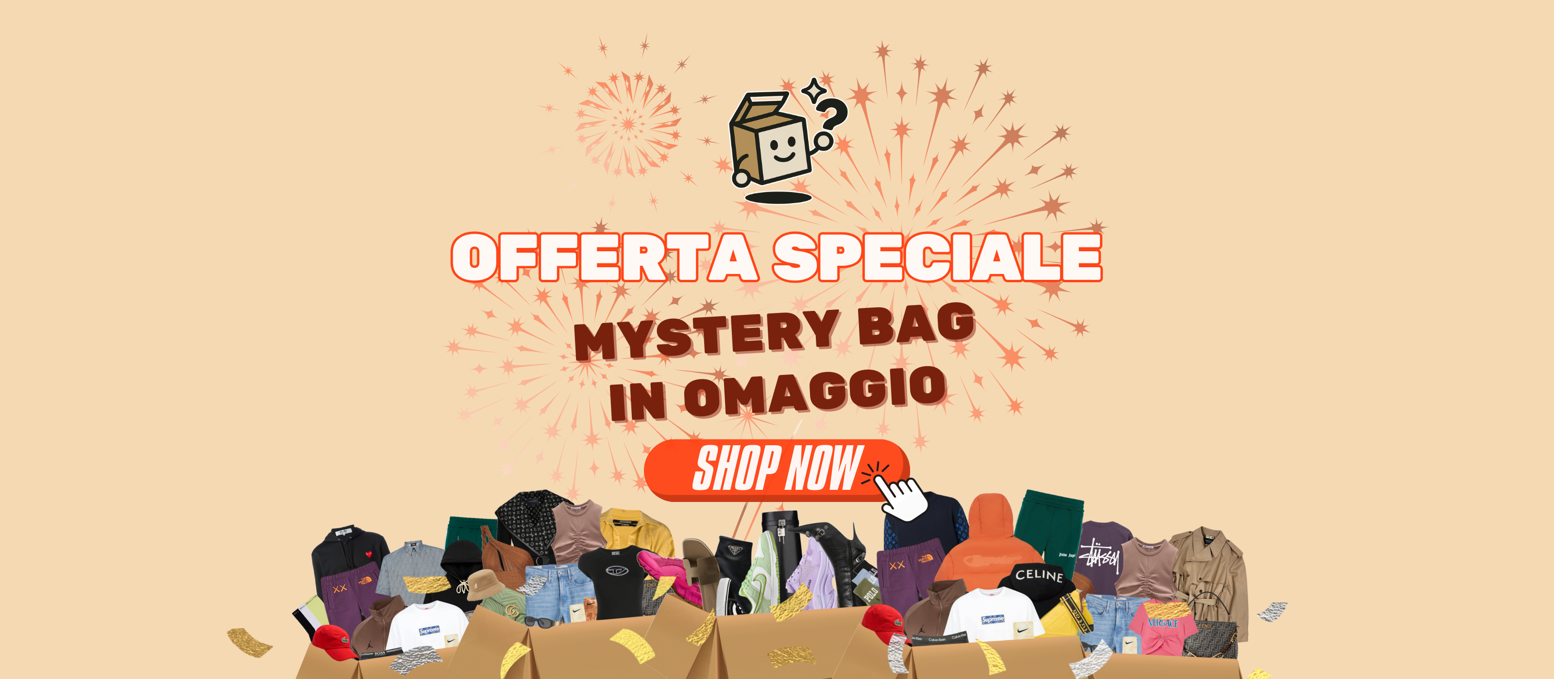 Banner Offerta Speciale: Mystery Bag in omaggio con l'acquisto. Abbigliamento streetwear di marca e box a sorpresa. MysteryBoxShop