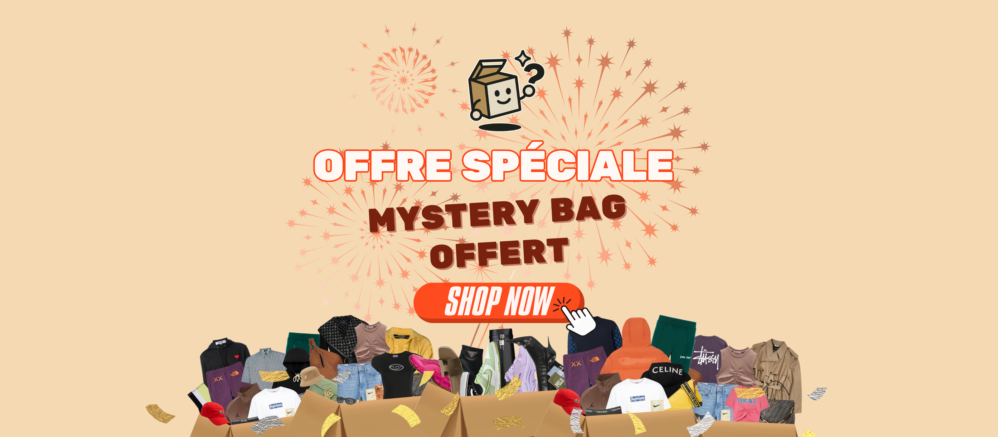 Bannière Offre Spéciale : Mystery Bag offert pour tout achat. Box vêtements streetwear de marque et luxe. MysteryBoxShop