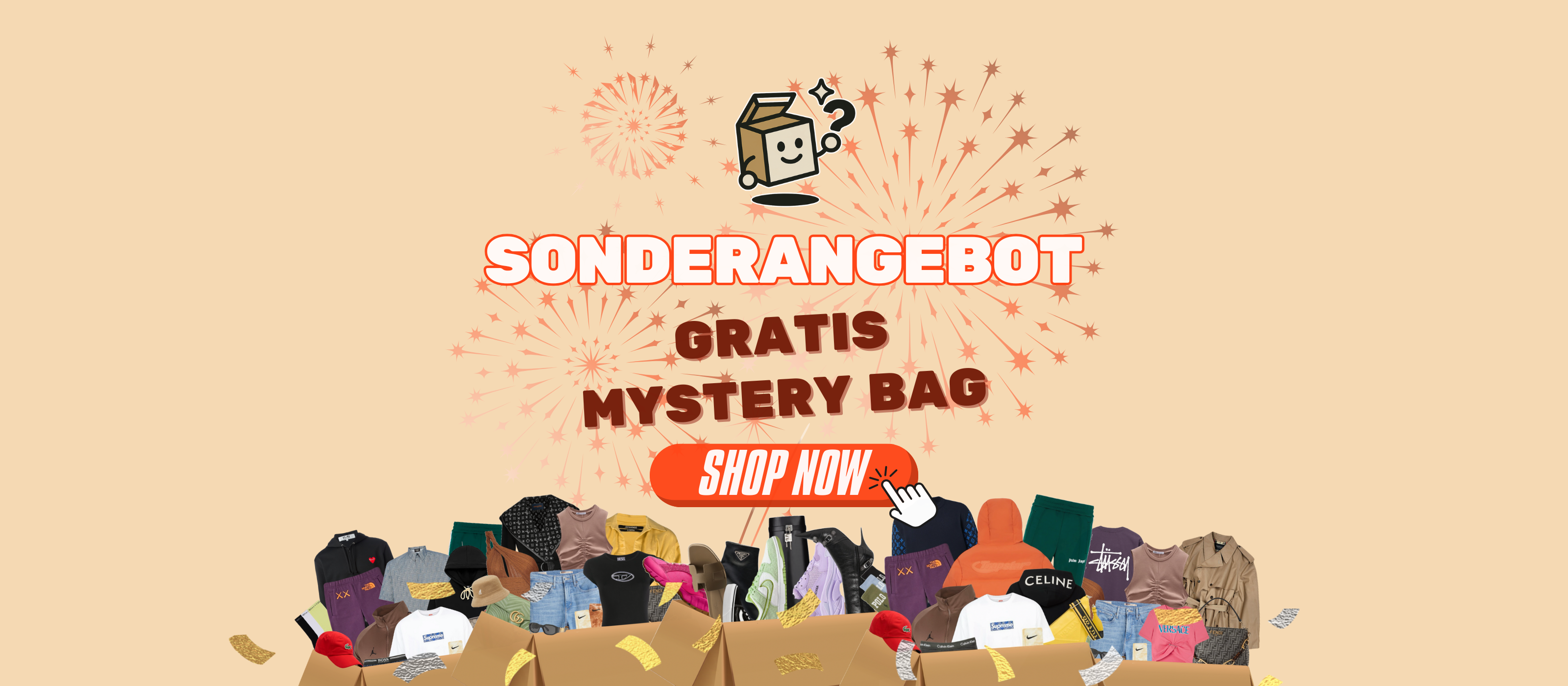 Sonderangebot Banner: Gratis Mystery Bag beim Kauf. Markenkleidung und Streetwear Überraschungsbox. MysteryBoxShop