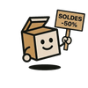 Mascotte mystery box shop avec pancarte Soldes -50% - personnage boîte mystère souriante