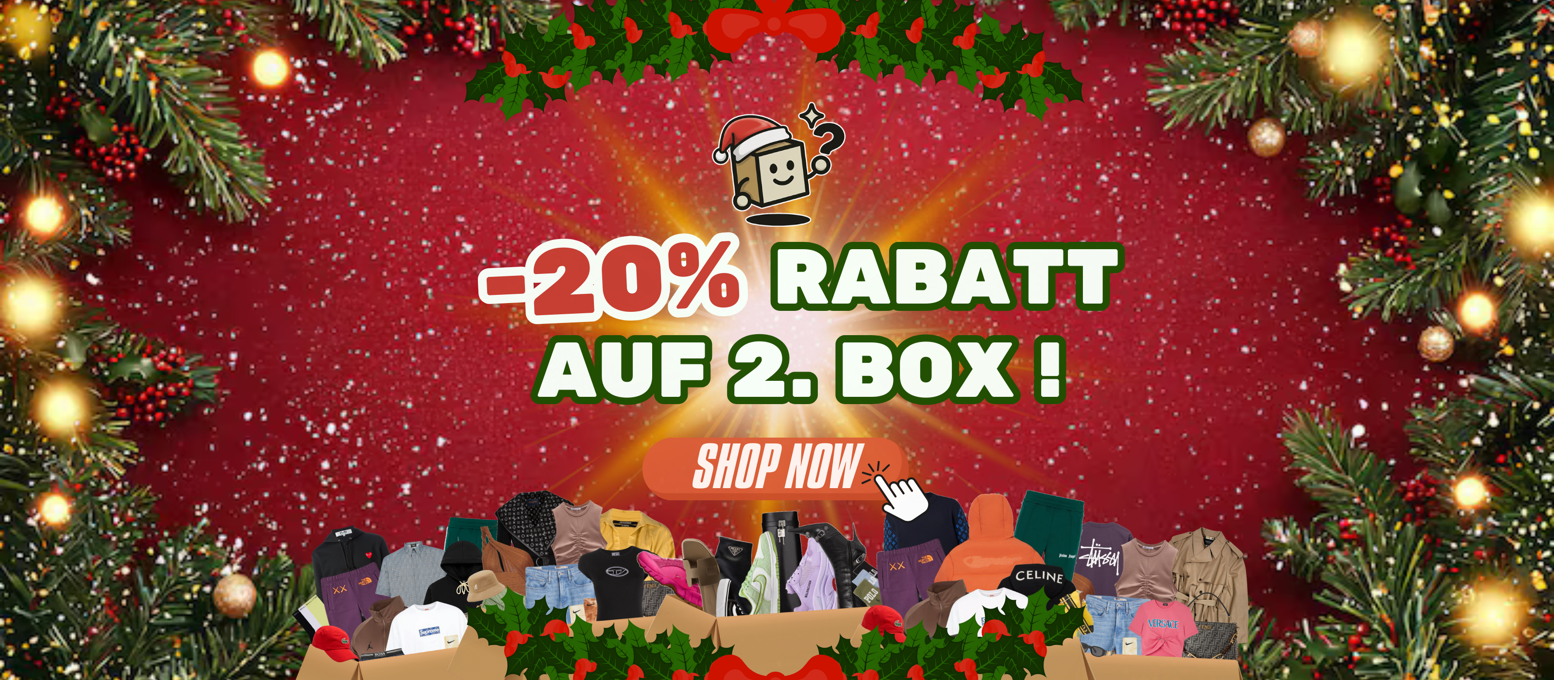 MysteryBoxShop Weihnachtsangebot Banner: 20% Rabatt auf Ihre zweite Mystery Box für Kleidung oder Sneaker.