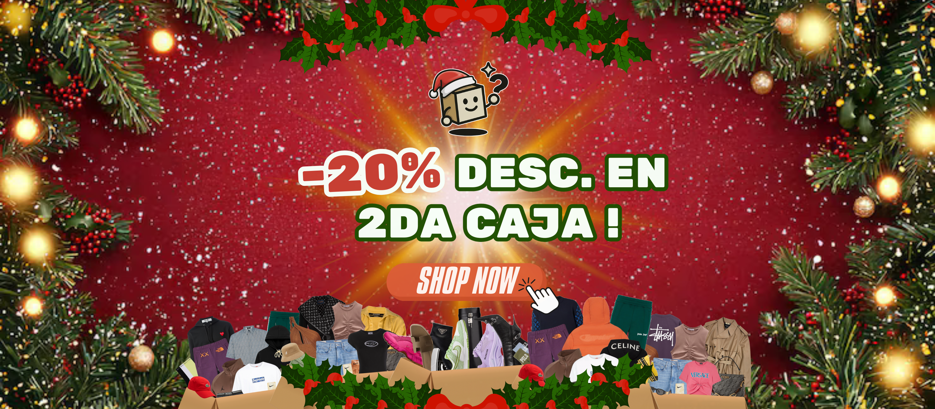 Banner de oferta de Navidad de MysteryBoxShop: 20% de descuento en su segunda caja misteriosa de ropa o zapatillas.