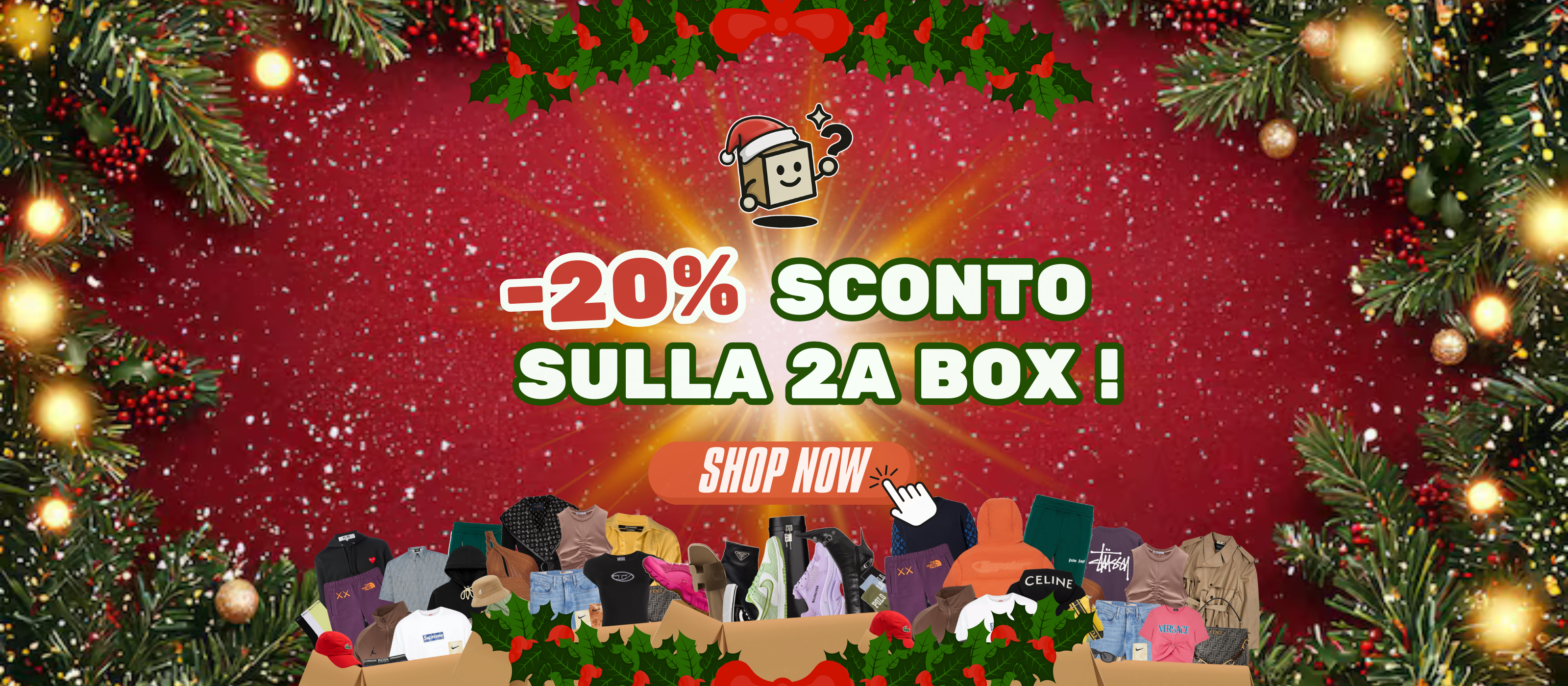 Banner dell'offerta di Natale di MysteryBoxShop: 20% di sconto sulla tua seconda Mystery Box di vestiti o sneakers.