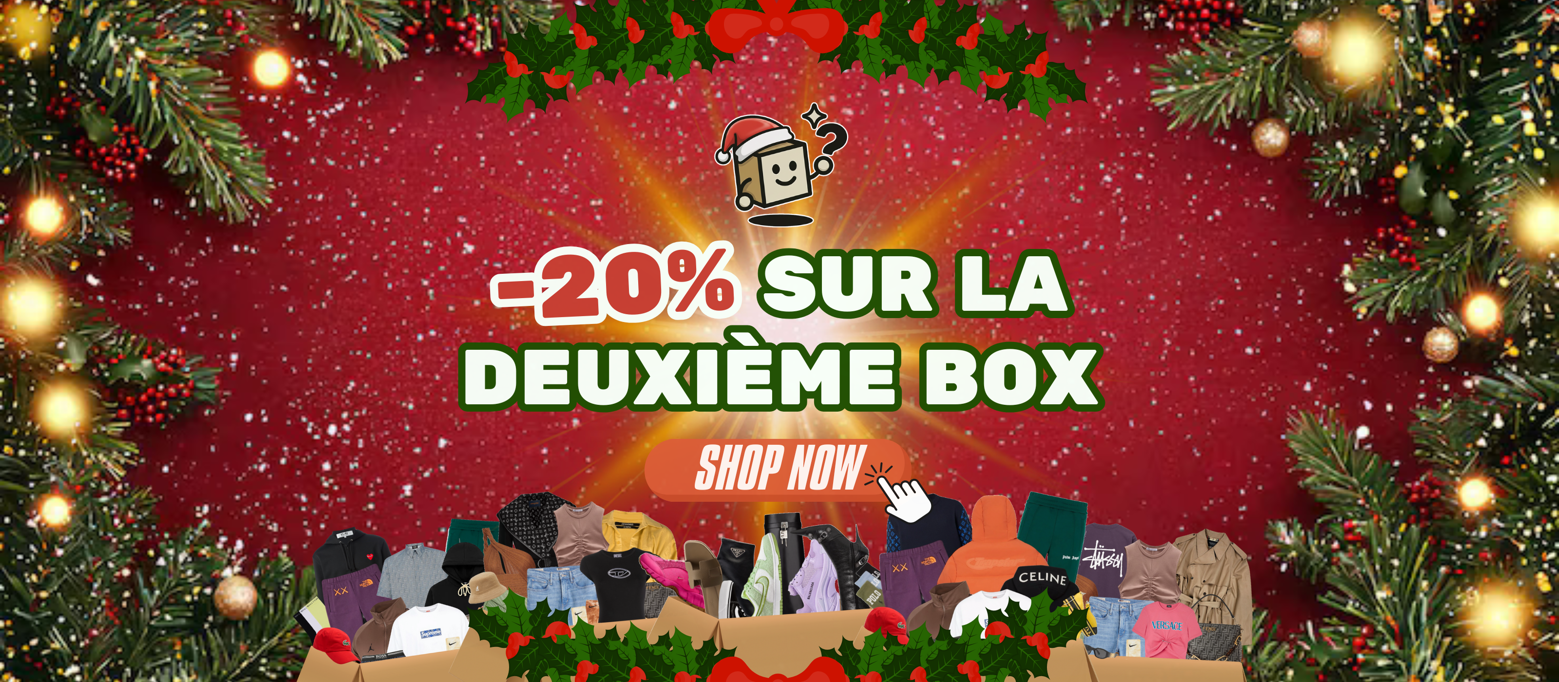 Offre spéciale Noël MysteryBoxShop : -20% sur la deuxième Mystery Box de vêtements et sneakers. Le cadeau idéal pour les fêtes.