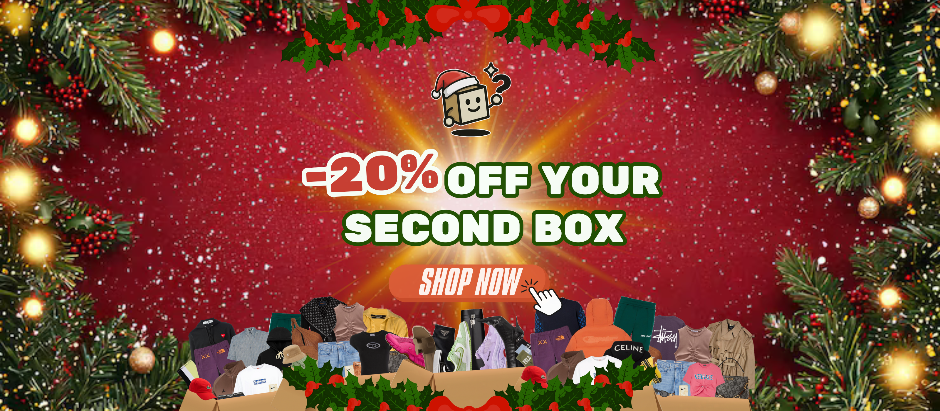 MysteryBoxShop Christmas sale banner: 20% off your second clothing or sneakers mystery box.