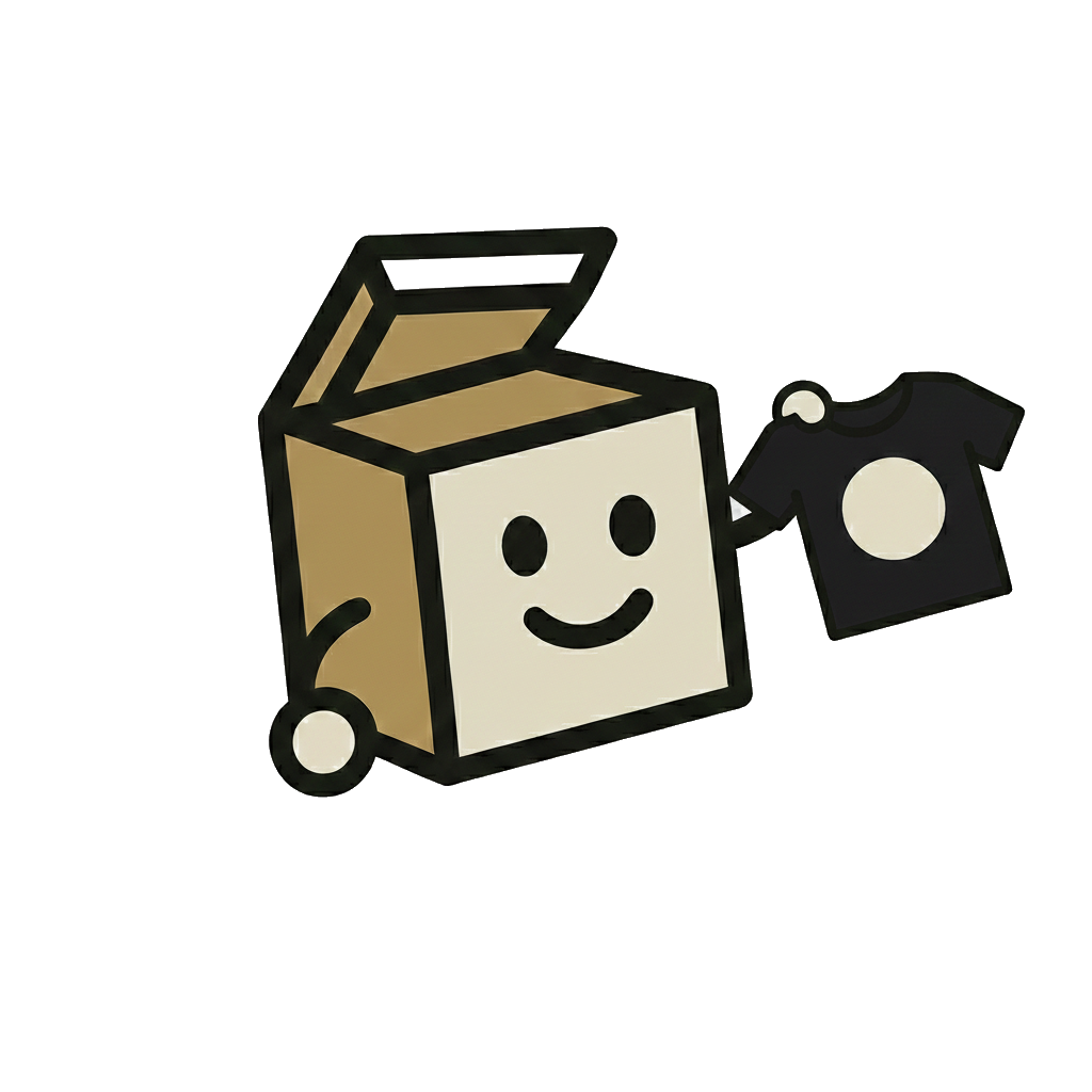 Mascotte boîte tenant un t-shirt illustrant une sélection de produits variés dans chaque box. MysteryBoxShop