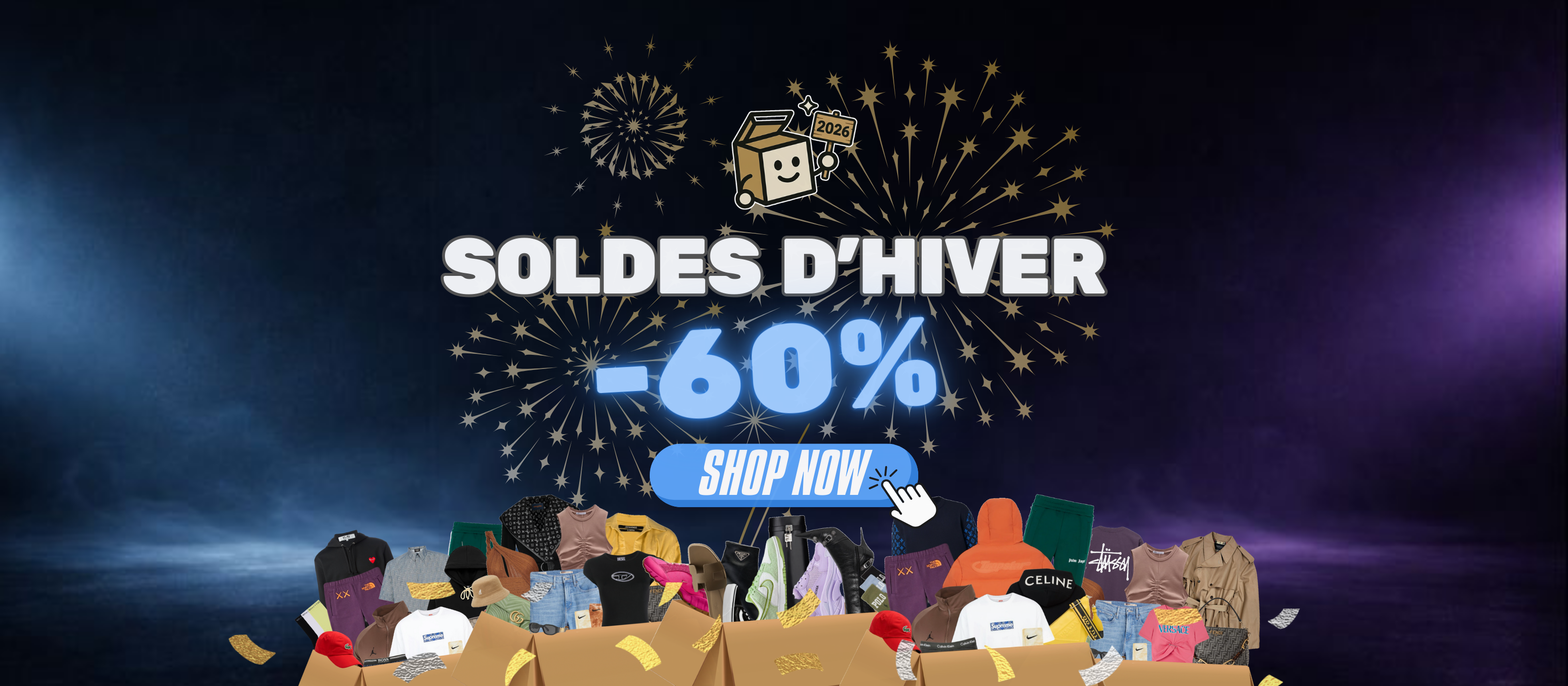 Bannière soldes d'hiver 2026 MysteryBox-Shop : -60% sur les mystery boxes sneakers et vêtements streetwear de marque.