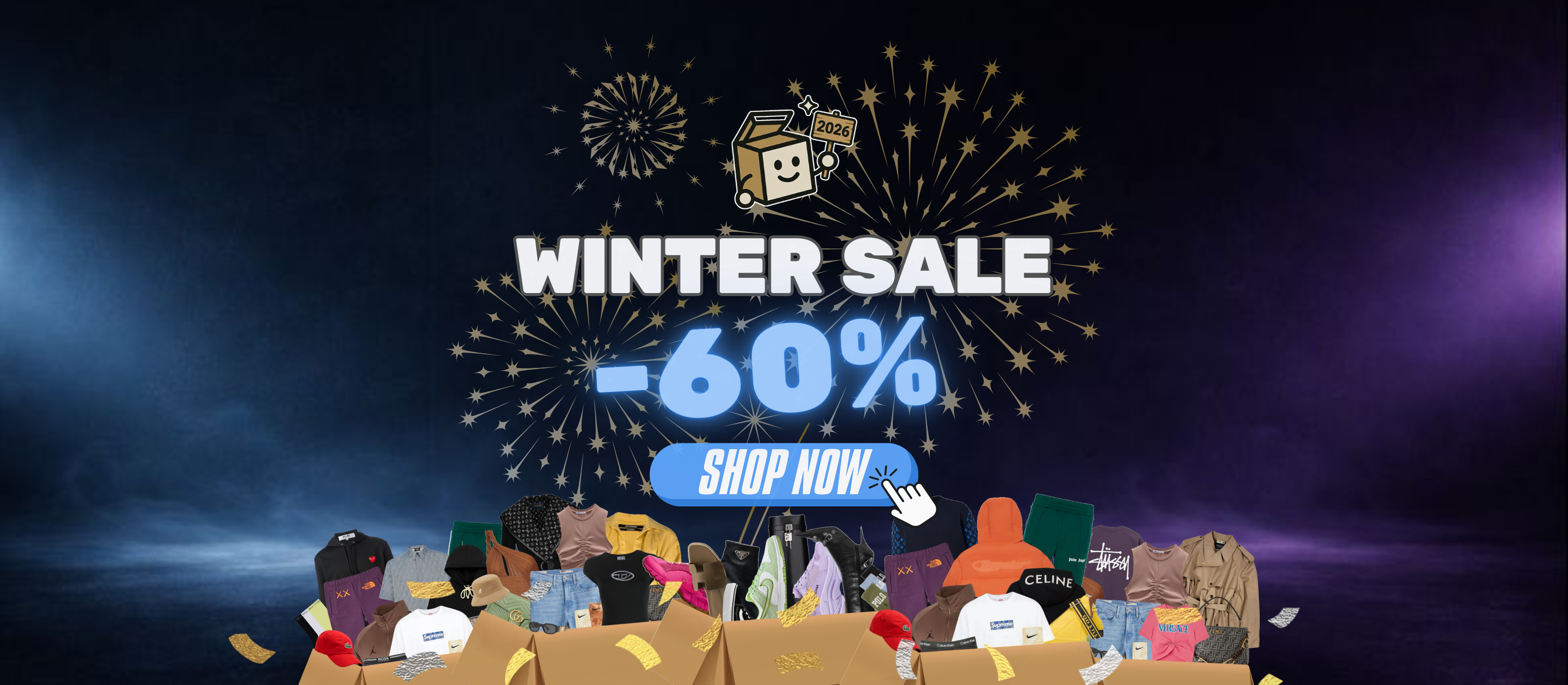 Winter Sale 2026 Banner MysteryBox-Shop: bis zu 60 % Rabatt auf Sneaker- und Streetwear-Mystery-Boxen von Top-Marken