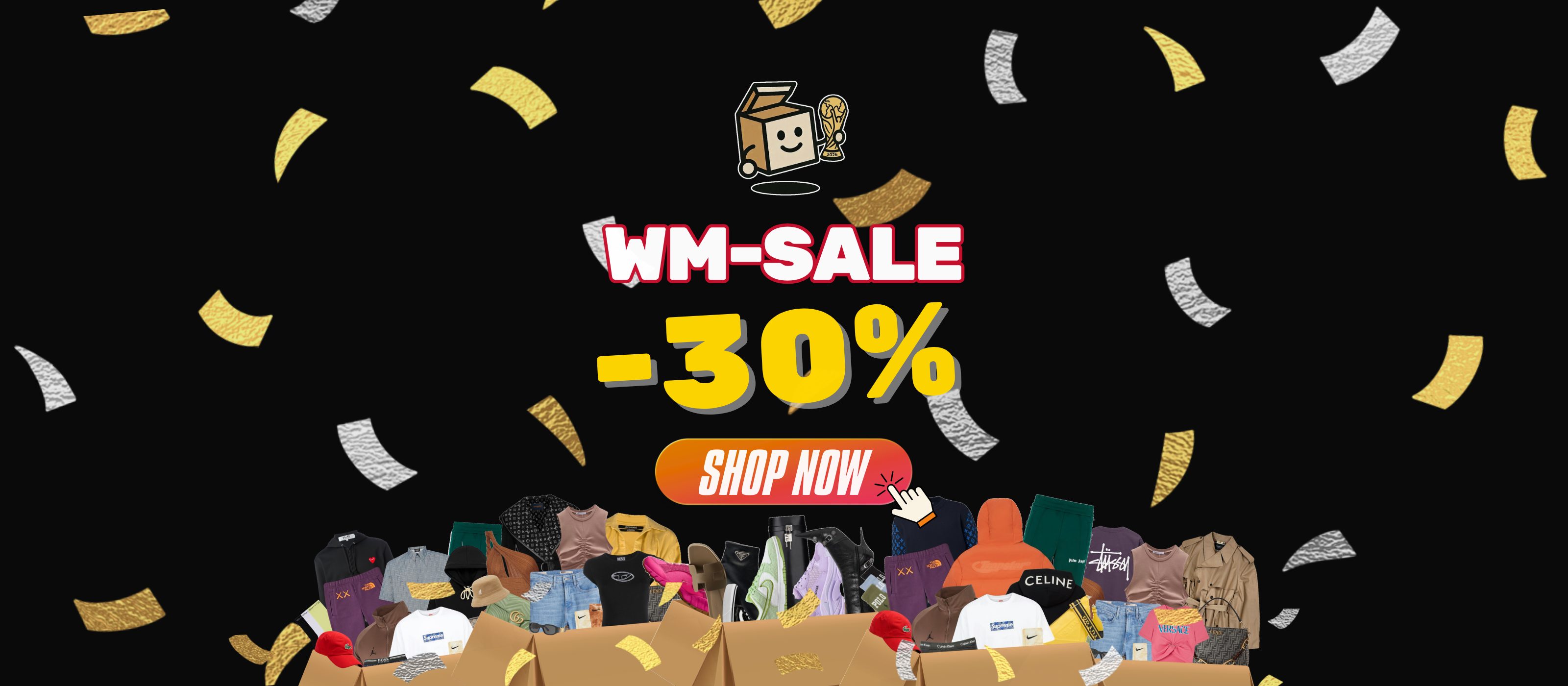 WM-Sale -30% Rabatt – Mystery Box Sneakers und Mode, goldene Konfetti, Box-Maskottchen mit FIFA-Pokal