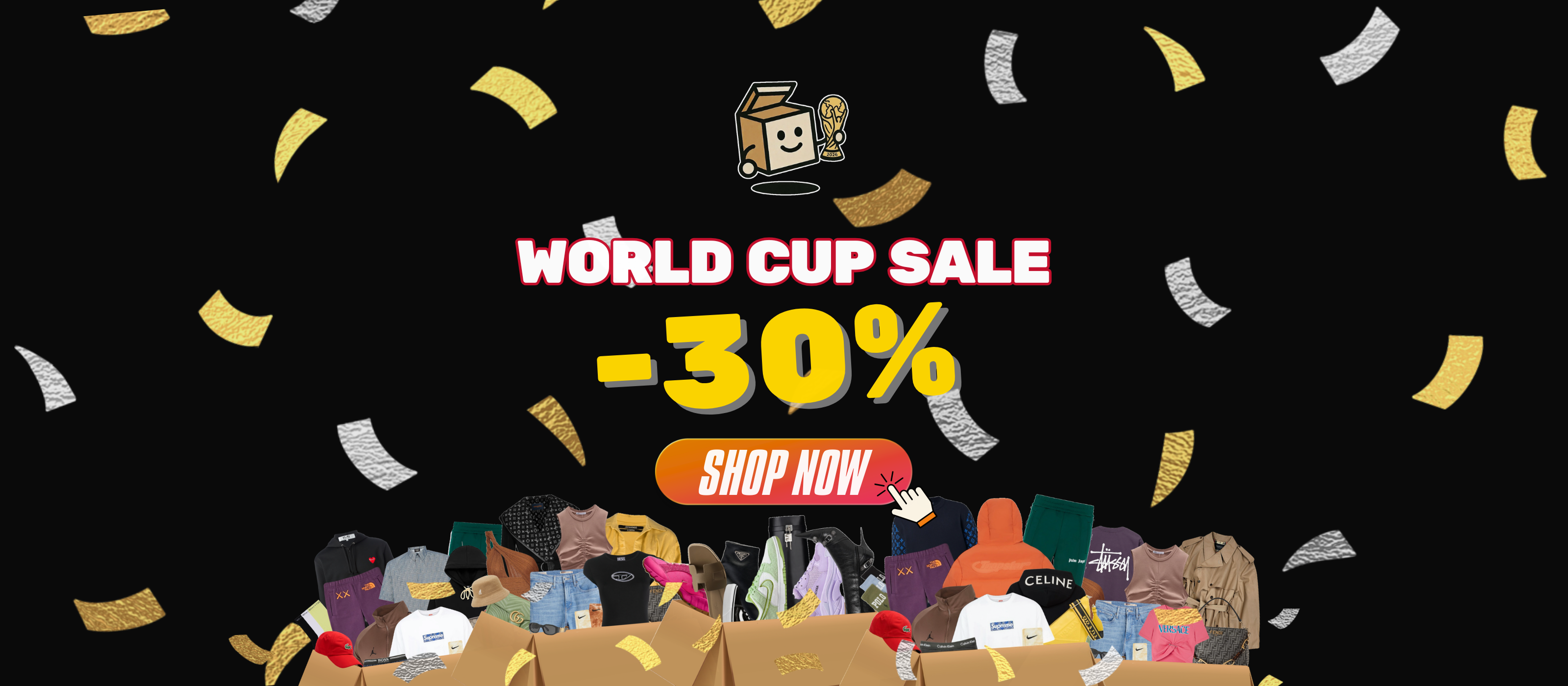 World Cup Sale -30% zniżki – Mystery Box sneakersy i moda, złote konfetti, maskotka box z trofeum FIFA